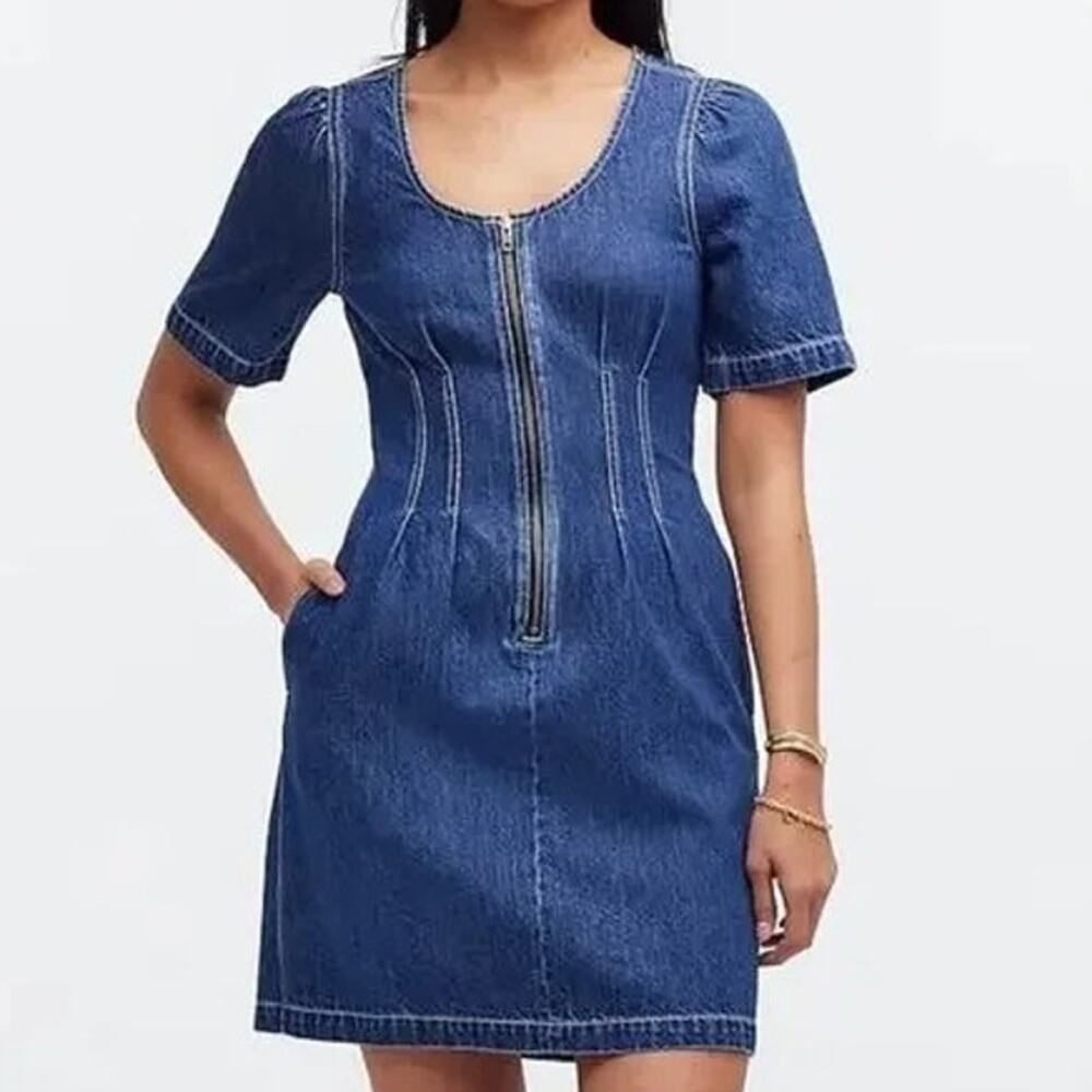 NWT Madewell Denim Darted Short Sleeve Zipper Front Mini Dress 00 Pixie Wash